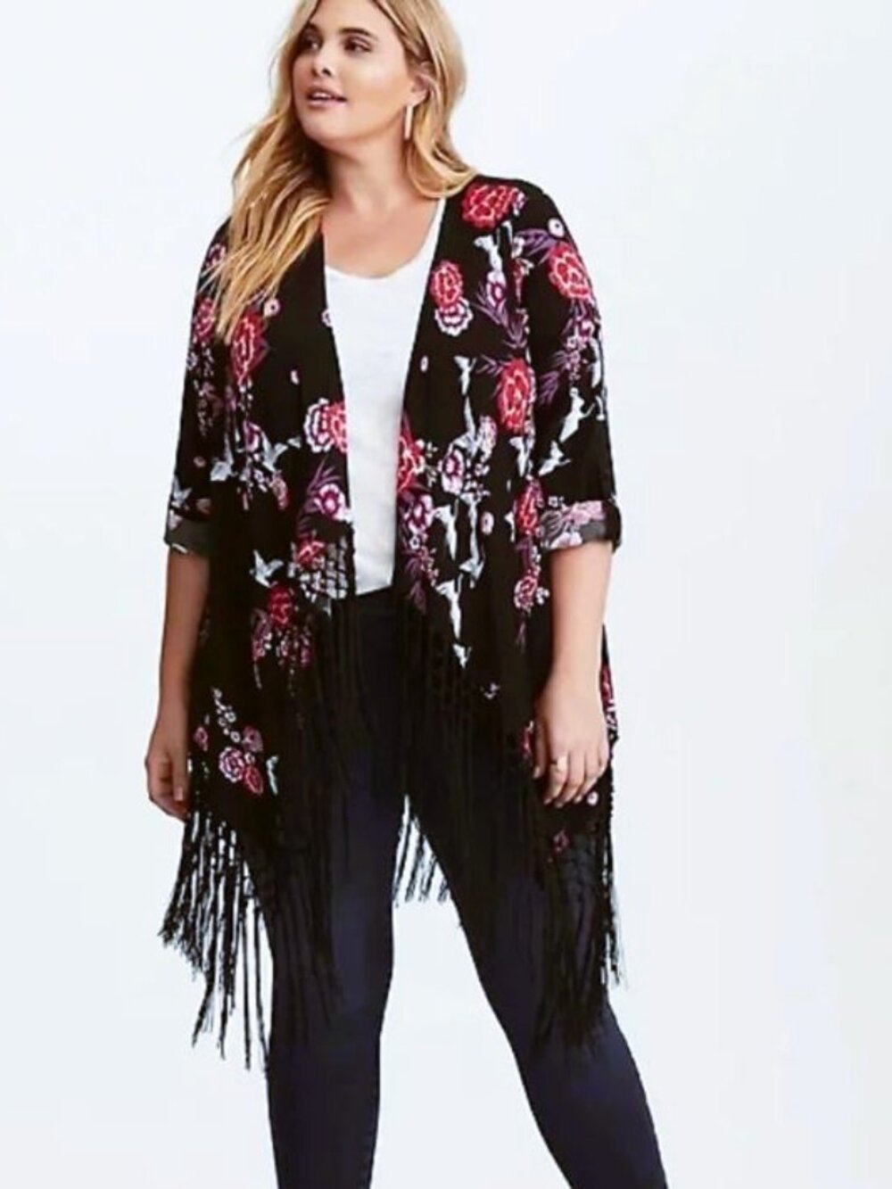 Torrid Floral Print Crepe Fringe Kimono Shawl 2X